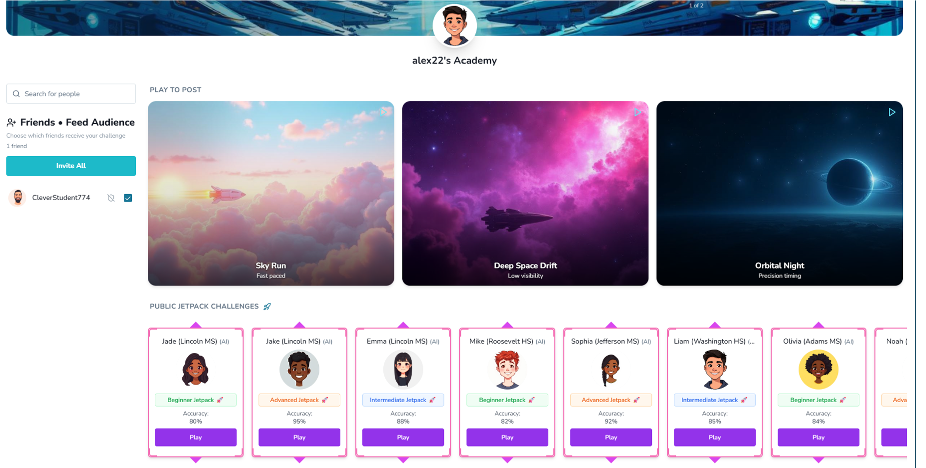 AstroStar academy feed and public jetpack challenges