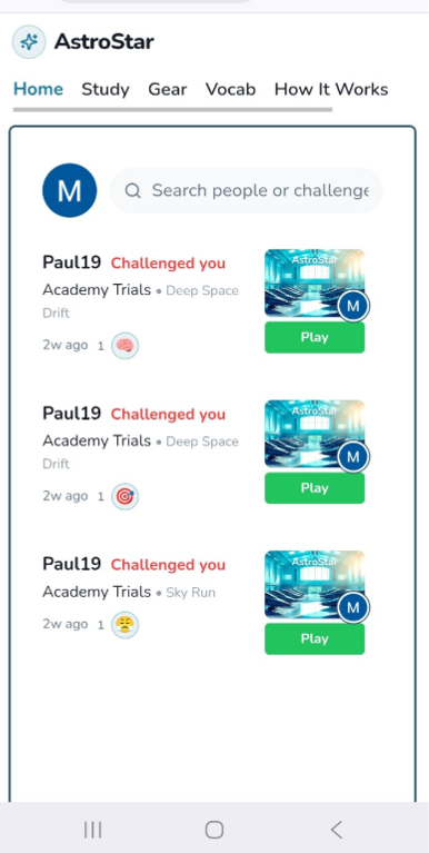AstroStar mobile challenge feed