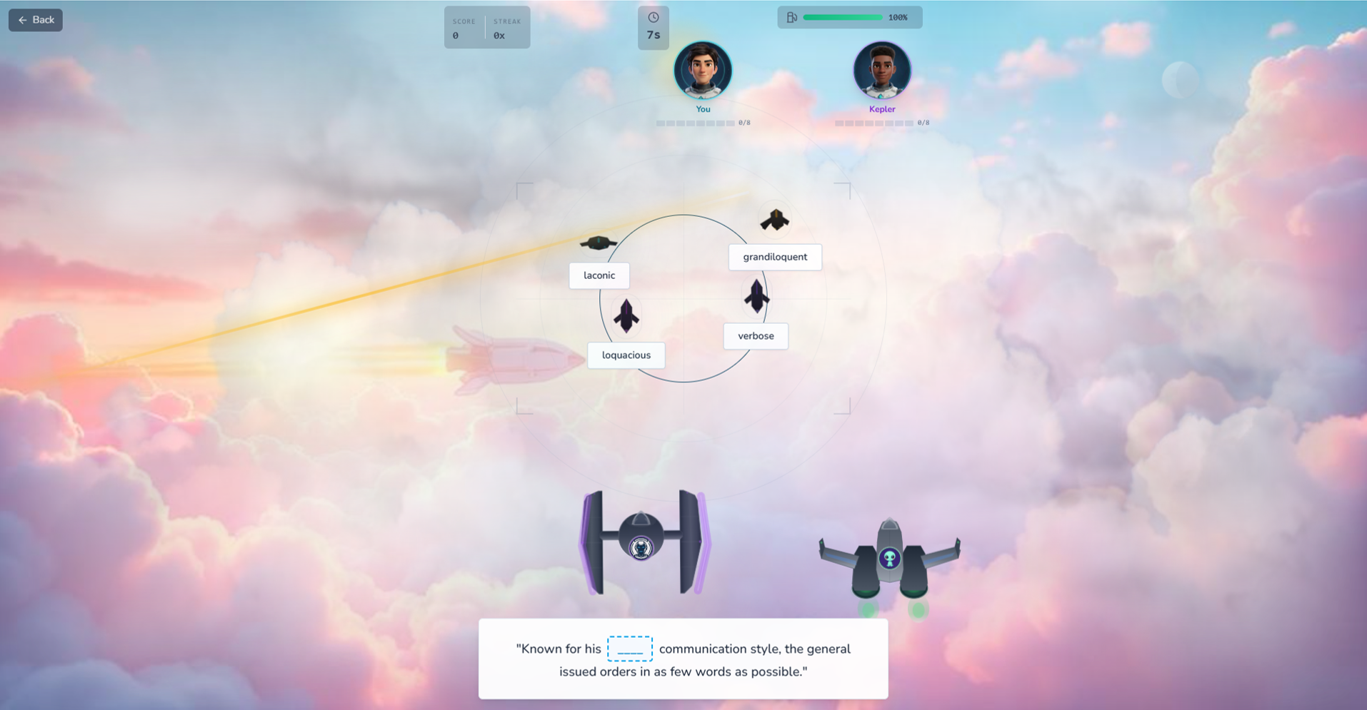 AstroStar flight mission — Vocab Galactic sky duel gameplay