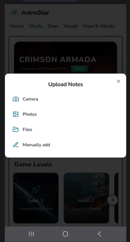 AstroStar Study Galactic upload notes modal on mobile