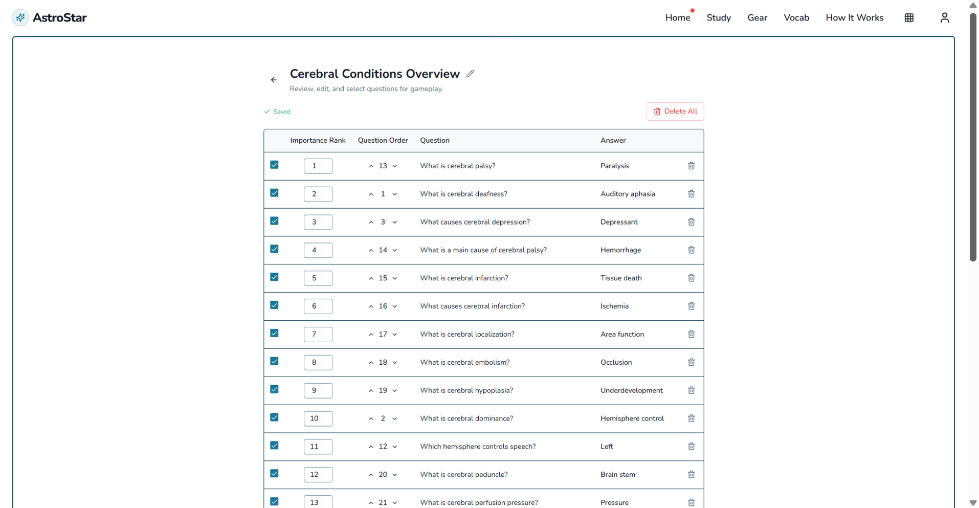 AstroStar Study Galactic check notes review table