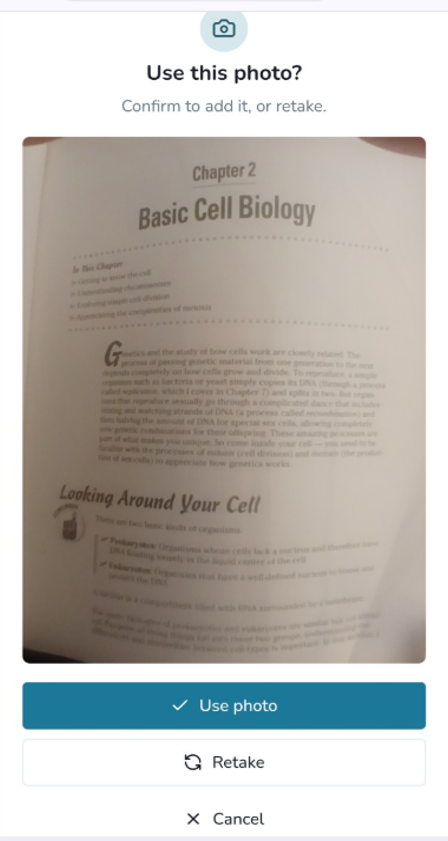 Confirming a captured photo of handwritten Basic Cell Biology notes