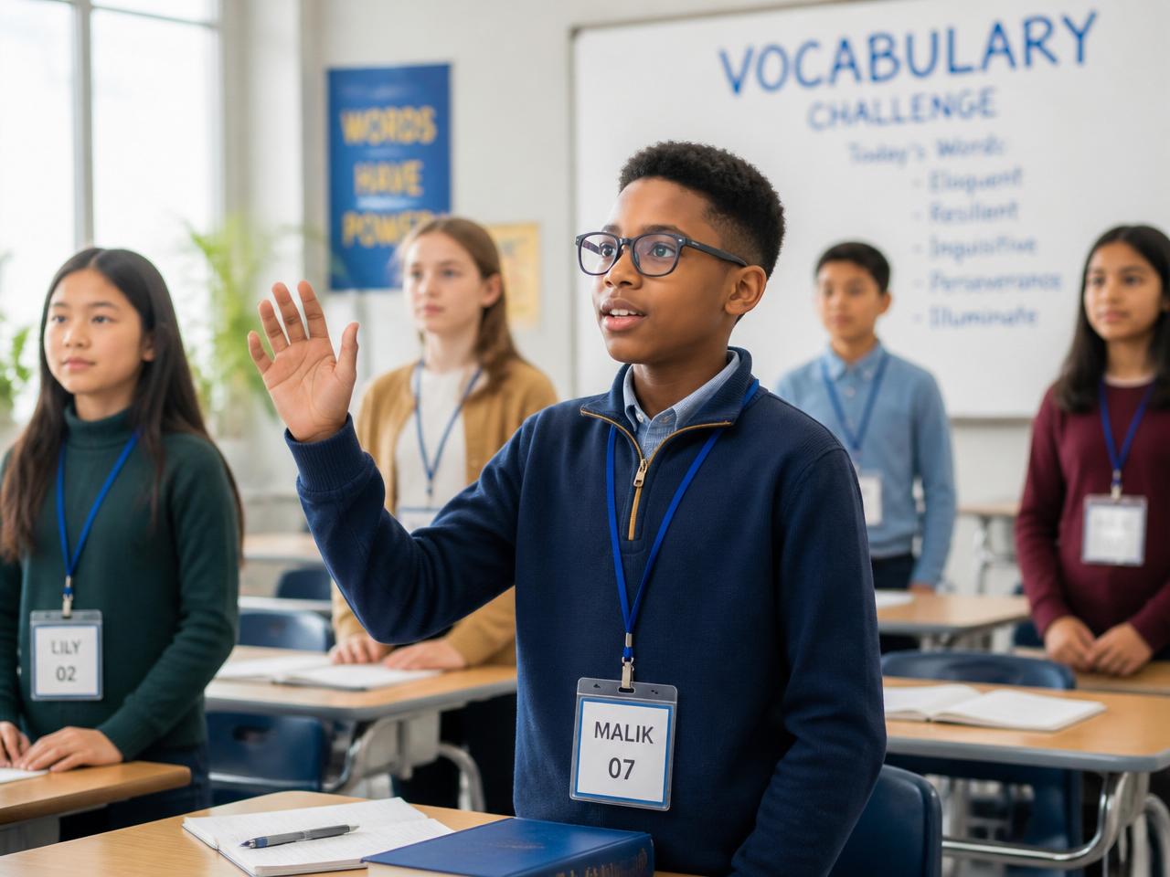 Students standing at their desks during a classroom vocabulary competition, one student answering while classmates wait